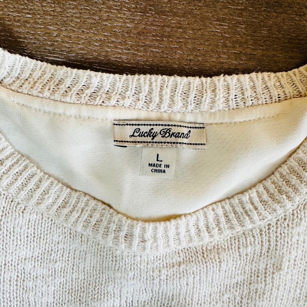 Lucky Brand Ivory‎ Crochet Lace Sleeve Knit Top Layered Shirt Women's L - Picture 5 of 9